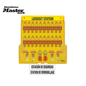 Master Lock 1484BP410ES Wall Mounted Lockout StationSpanish/English 20-Lock Station. 410RED Zenex™ Thermoplastic Padlocks.